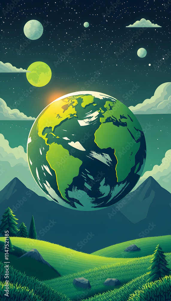 Fototapeta premium Green planet concept illustration, pop art, with white tones