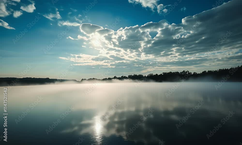 A serene landscape featuring mist over a calm lake under a cloudy sky. A serene landscape featuring mist over a calm lake under a cloudy sky.