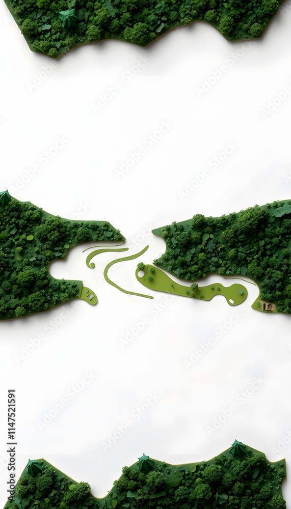 Aerial view of a river delta with lush vegetation and winding channels, papercraft, with white tones Aerial view of a river delta with lush vegetation and winding channels, papercraft, with white tones