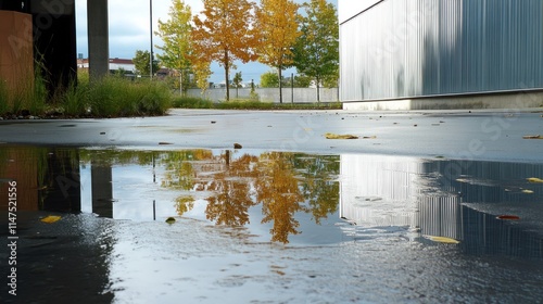 Reflection of a golden tree in a puddle on a concrete patio.