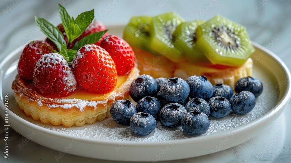 A vibrant dessert plate featuring fruit tarts and fresh berries. A vibrant dessert plate featuring fruit tarts and fresh berries.