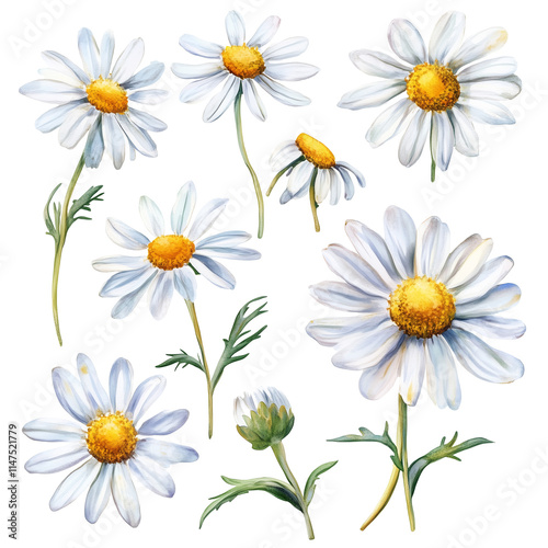 Watercolor Daisy flower Chamomile illustration, isolated on transparent background