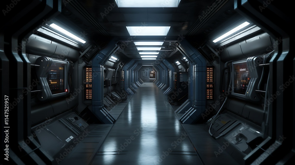 Obraz premium Futuristic spaceship corridor with glowing panels and metallic walls.
