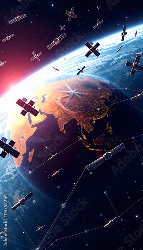 Satelites orbiting the Earth with Red Sunrise, showcasing Technological Progress, and Global Connectivity, Ideal for space, communication, and satellite projects