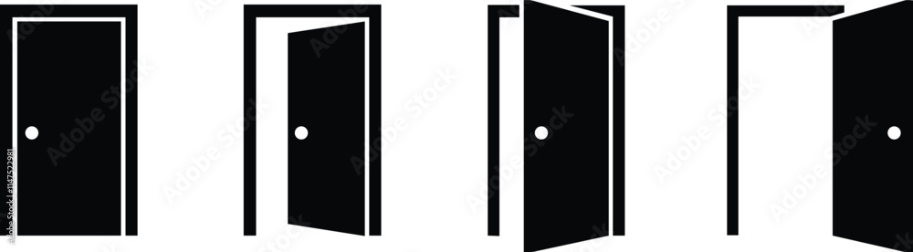 Door icon set.Door open and close sign vector design.open sign . handle . isolated transparent . black outline and filled version.Open door entrance logout flat vector icon for apps and websites. Door icon set.Door open and close sign vector design.open sign . handle . isolated transparent . black outline and filled version.Open door entrance logout flat vector icon for apps and websites.