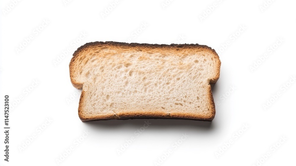 A Single Slice of Toasted White Bread Isolated on a Clean White Background, Showcasing Its Crispy Texture and Brown Edges for Culinary Art and Food Concepts A Single Slice of Toasted White Bread Isolated on a Clean White Background, Showcasing Its Crispy Texture and Brown Edges for Culinary Art and Food Concepts