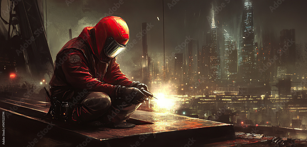 Worker welding at night in a futuristic cityscape. Worker welding at night in a futuristic cityscape.