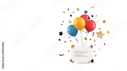 Colorful balloons with confetti and a blank greeting card in a festive composition perfect for celebration events, parties, invitations, and special occasions