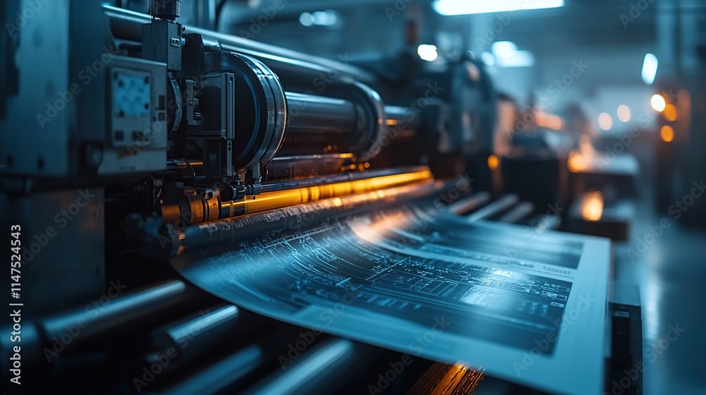 Close-up of a printing press in operation, showing paper moving through the machine. Close-up of a printing press in operation, showing paper moving through the machine.