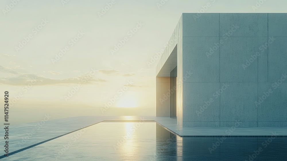 Fototapeta premium Minimalist architecture with sleek concrete structure overlooking tranquil infinity pool and serene sunset landscape, evoking calm and contemporary elegance in design.