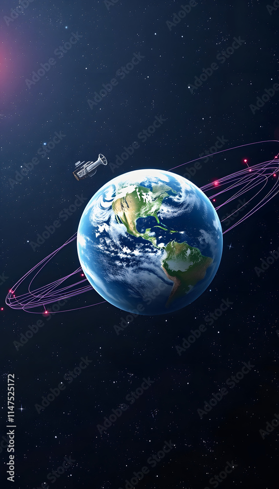 Fototapeta premium Global communication network orbiting the Earth in space, isometry, with white tones