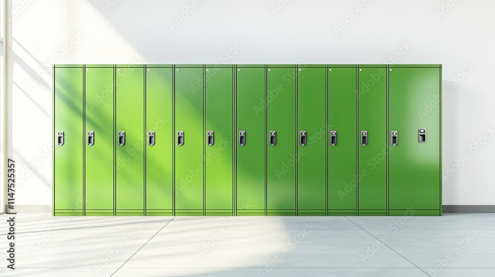 Bright Green Lockers in a Modern School Environment with Sunlight Streaming Through Windows Creating a Fresh and Vibrant Atmosphere Bright Green Lockers in a Modern School Environment with Sunlight Streaming Through Windows Creating a Fresh and Vibrant Atmosphere