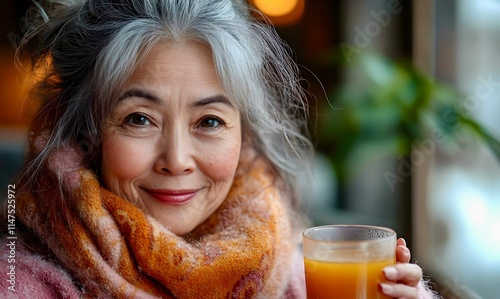 Close-up portrait of a smiling senior woman with gray hair in a warm scarf, holding a glass of fresh juice, sitting in a cozy indoor setting by a window with natural light and a serene background. photo