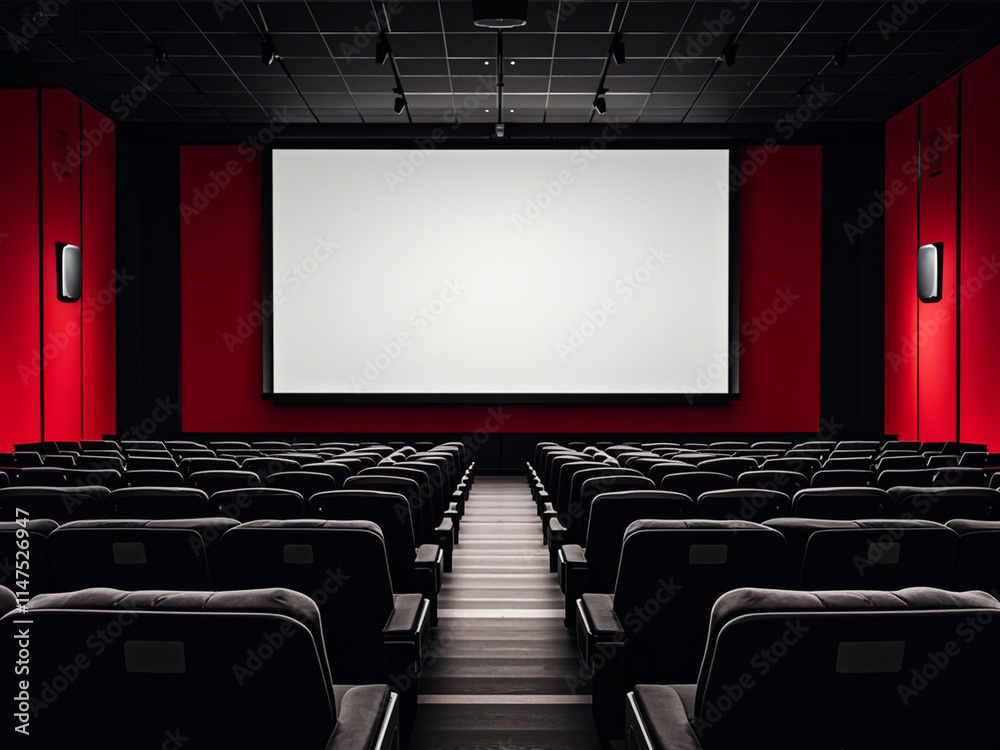 Fototapeta premium Empty movie theater with rows of black seats and a large projection screen 