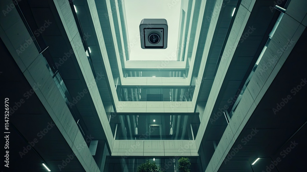 Modern Architectural Design Featuring Unique Camera Installation in a Sleek Urban Courtyard with Minimalistic Aesthetic and Symmetrical Lines Modern Architectural Design Featuring Unique Camera Installation in a Sleek Urban Courtyard with Minimalistic Aesthetic and Symmetrical Lines