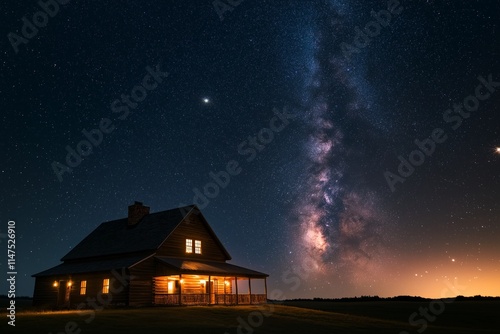 A rustic farmhouse under a vast, starry sky, with its warm lights softly glowing against the backdrop of shimmering constellations.