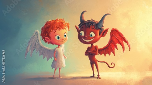 Angelic Child and Mischievous Devil in Playful Encounter, fantasy characters, childhood innocence, dual nature, imaginative scene