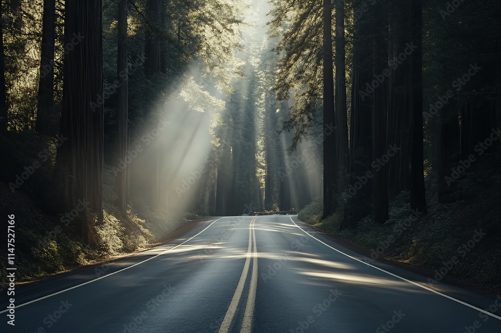 Sunlit Road Through Majestic Redwood Forest Sunlit Road Through Majestic Redwood Forest