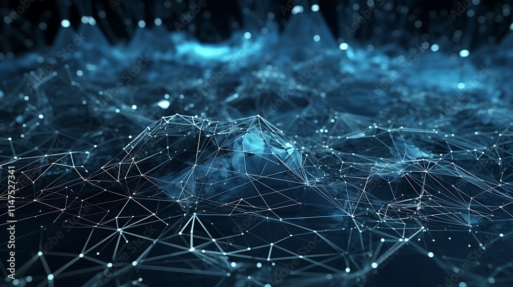 Obraz premium Abstract blue network connection, digital data flow, glowing particles.