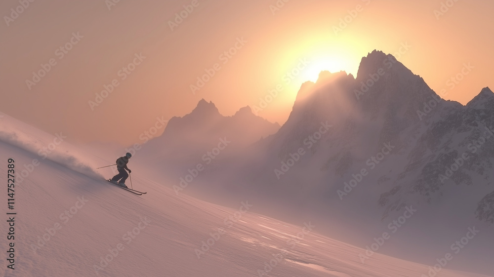 skier glides gracefully down snowy slope at sunset, surrounded by majestic mountains. serene atmosphere captures thrill of winter sports and beauty of nature skier glides gracefully down snowy slope at sunset, surrounded by majestic mountains. serene atmosphere captures thrill of winter sports and beauty of nature