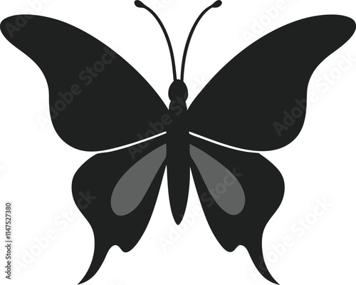 Butterfly hovering with fluttering wings, silhouette in flat vector design with dynamic posture