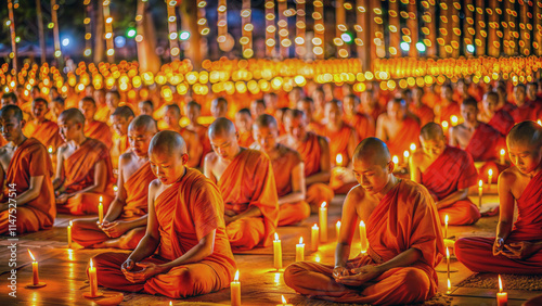 Theravada many enlightened Buddhist monks meditation family hall temple Asian