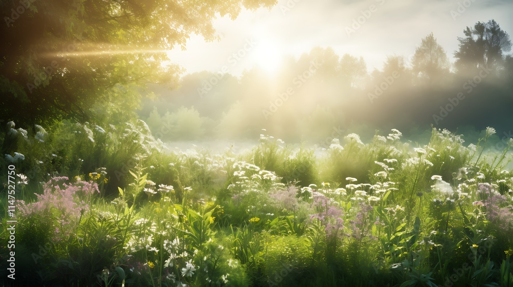 Sunlit meadow at sunrise with fog, wildflowers, and lush green grass. Sunlit meadow at sunrise with fog, wildflowers, and lush green grass.