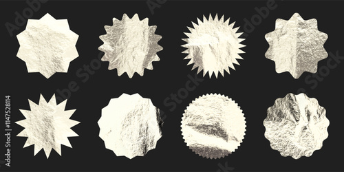 Silver stars, sunburst symbols. Shiny gold foil. Vintage sunbeam symbols. Shopping labels, sale or discount sticker, quality mark. Special offer price tag, promotional badge. Vector illustration
