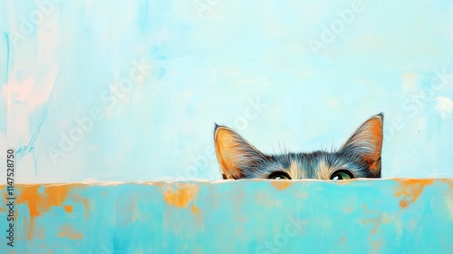 Playful Cat Peeking Over Colorful Painted Surface on a Vibrant Blue Background with Copy Space – Whimsical Animal Art Scene