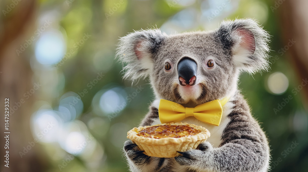 Fototapeta premium Cute koala in yellow bow tie holding delicious pie, smiling happily