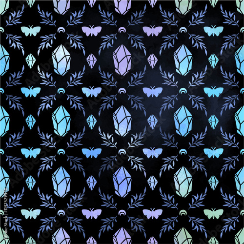 a black and blue  pattern with diamond and butterflies on it