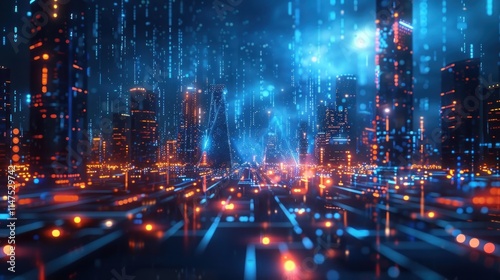 Wallpaper Mural Futuristic cityscape with glowing data streams and vibrant lights. Torontodigital.ca