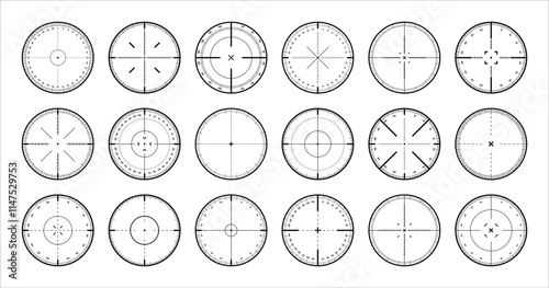 Various sniper rifle sights with degree scale, weapon optical scope crosshair. Hunting gun viewfinder. Shooting mark symbol, aim. Military target sign. Game interface UI element. Vector illustration