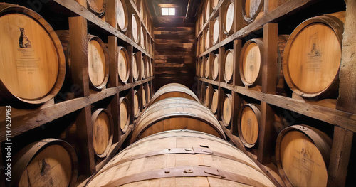 Barrels of wine. Wine barrels in cellar