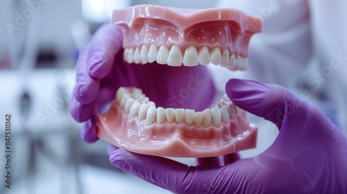 Model of human teeth held by a person in gloves, used for dental education and practice.