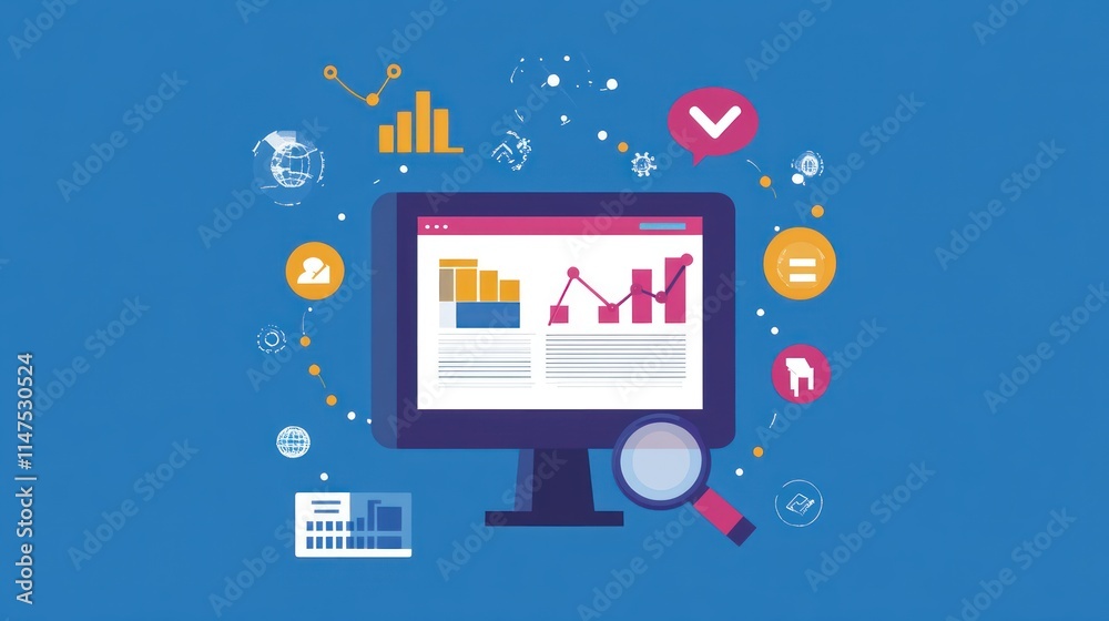 A computer monitor displaying a website with a bar graph and line graph, a magnifying glass, and other icons related to data analysis and analytics. A computer monitor displaying a website with a bar graph and line graph, a magnifying glass, and other icons related to data analysis and analytics.
