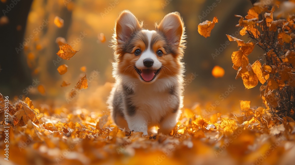 Joyful Puppy Running Through Autumn Leaves in Golden Light Joyful Puppy Running Through Autumn Leaves in Golden Light