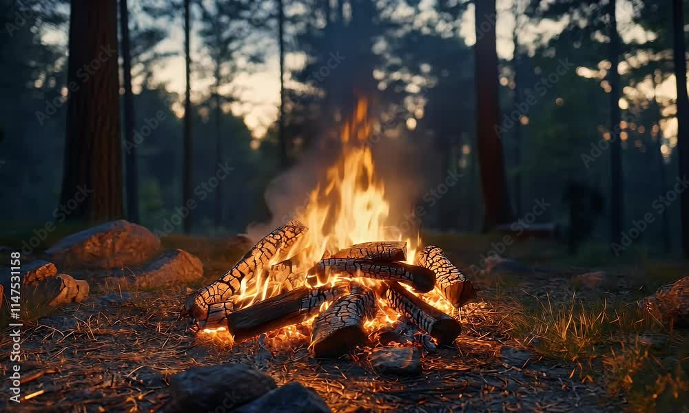 A warm campfire surrounded by rocks in a tranquil forest setting at dusk. A warm campfire surrounded by rocks in a tranquil forest setting at dusk.