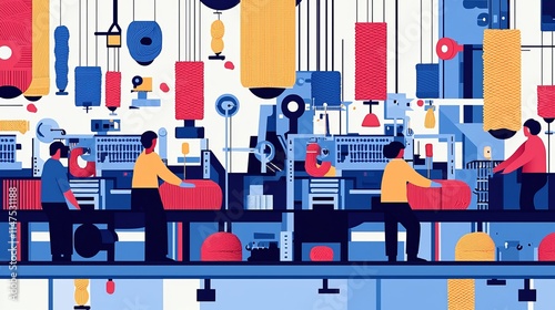 imagine prompt: Minimalist visualization of workers in a knitting factory, highlighting teamwork and efficiency, with streamlined machinery and colorful yarns creating a vibrant 