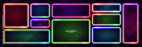 Colorful glowing neon banners, illuminated square frames. Shiny vibrant border, glow effect. Purple vintage retro lights, night illumination. Modern futuristic UI design elements. Vector illustration