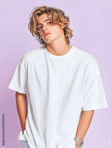The teenager wear an oversized t-shirt and smiled casually. Take dynamic vertical photos.