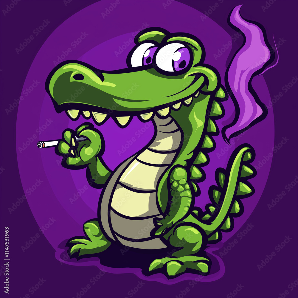Obraz premium Funny cartoon crocodile character smoking a cigarette with a purple background 