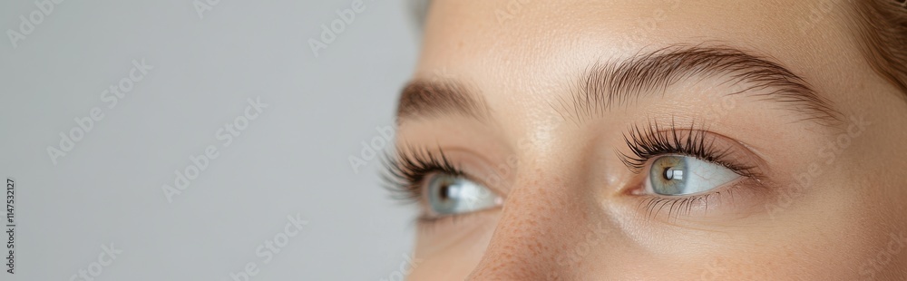 Obraz premium A close-up of a person's eyes highlighting long eyelashes and vibrant blue irises, set against a soft, neutral background.