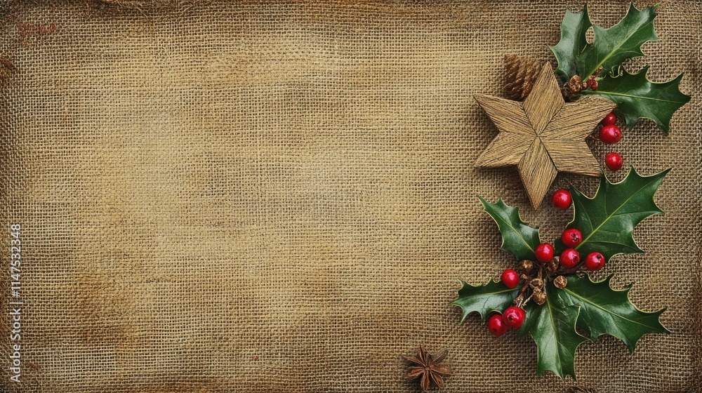 A rustic Christmas greeting with burlap textures, wooden stars, and holly berries, leaving ample space for personalized text