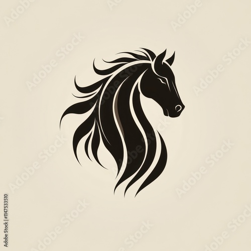 A stylized black horse head silhouette with flowing mane, emphasizing elegance and strength. photo