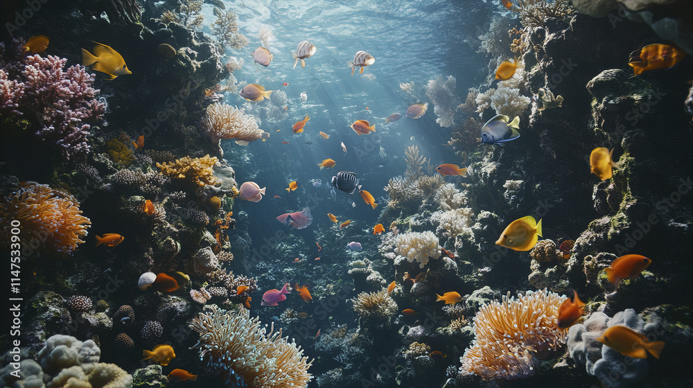 Naklejka premium vibrant underwater scene showcasing bustling coral reef filled with colorful fish