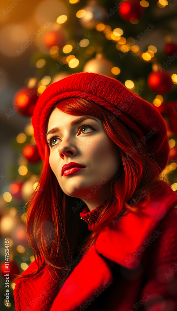 Elegant woman in red hat with holiday and Christmas lights Elegant woman in red hat with holiday and Christmas lights