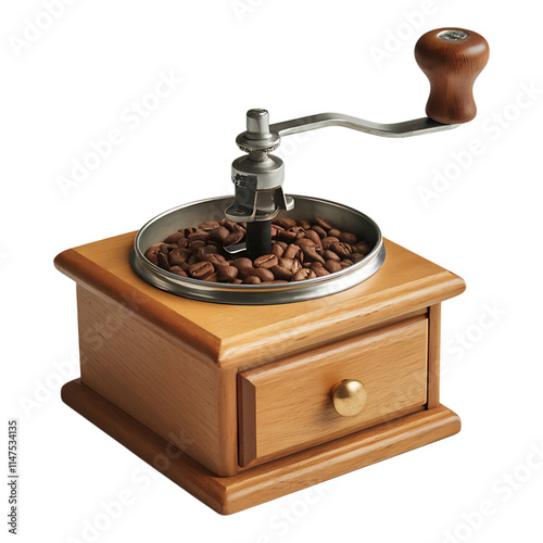 Vintage wooden coffee grinder with a crank handle.