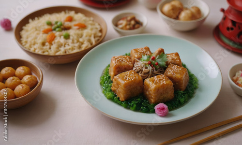 Close-up of traditional Chinese food served on a plate, featuring dumplings and tofu, showcasing the rich flavors and cultural significance of Chinese cuisine. photo