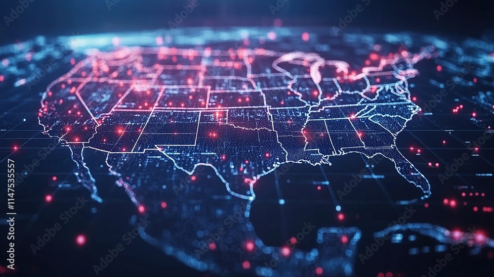 Digital map of the USA with glowing nodes representing data points or connections. Digital map of the USA with glowing nodes representing data points or connections.